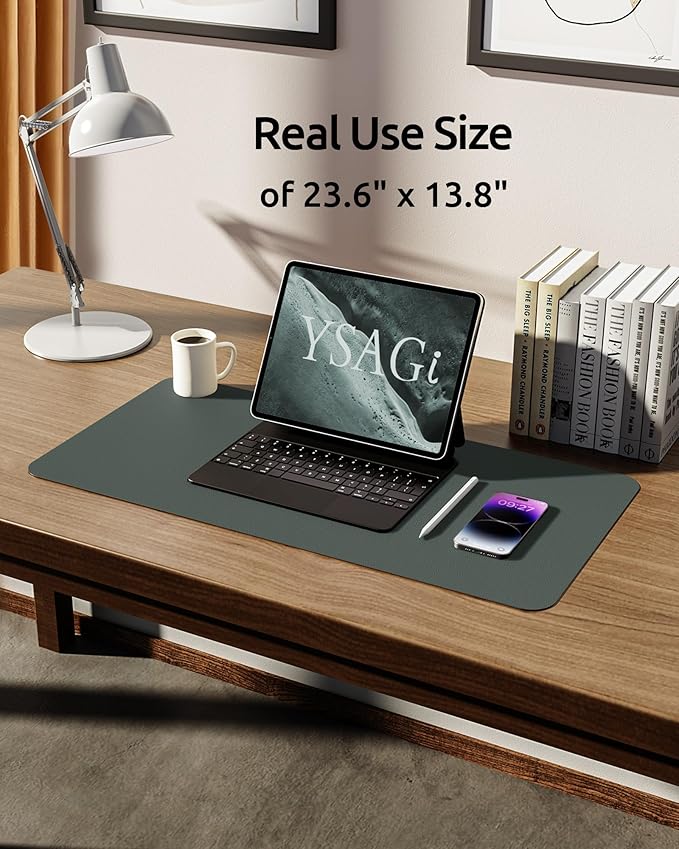 YSAGi Leather Desk Pad Protector, Office Desk Mat, Large Mouse Pad, Non-Slip PU Leather Desk Blotter, Laptop Desk Pad, Waterproof Desk Writing Pad for Home (23.6" x 13.8", Dark Green)-DeskLoop Office