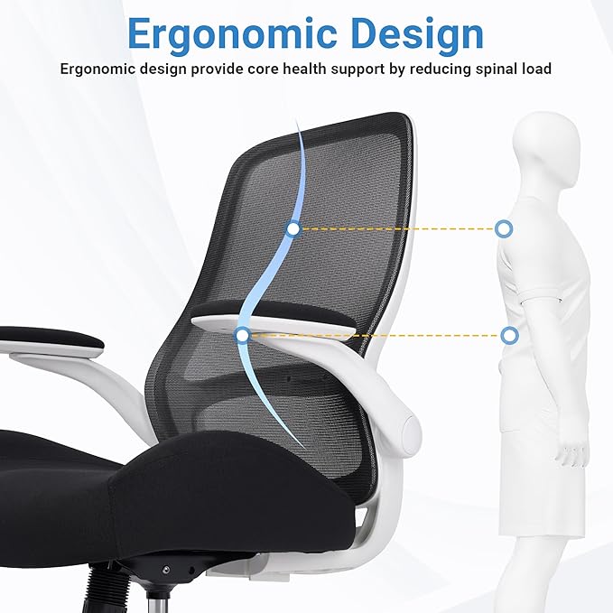 HYLONE Heavy Duty Office Chair, 5" Thickened Seat Ergonomic Desk Chair with Adjustable Armrests, Home Office Computer Chairs for Long Hours Mesh Executive Chair(White Base & Black)-DeskLoop Office