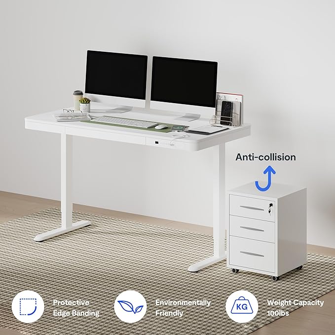 FLEXISPOT 55" White Electric Standing Desk with Drawers, Quick Assembly Home Office Sit Stand Desk with Storage, USB Charging, Computer Desk for Home Office (White Top + Adjustable Frame, Comhar)-DeskLoop Office