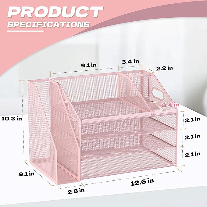 DocNest 4 Tier Paper Letter Tray File Organizer, Mesh Desk File with Handle, Workspace Desk Organizers with Pen Holder, Office Organization Storage Accessories - Pink-DeskLoop Office