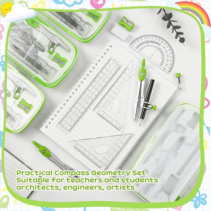 Teling 12 Sets Math Geometry Kit for Students 10 Pcs Compass Geometry Tools Set Includes Rulers Protractor Compass Eraser Pencil Sharpener Lead Refills Pencil (Green)-DeskLoop Office