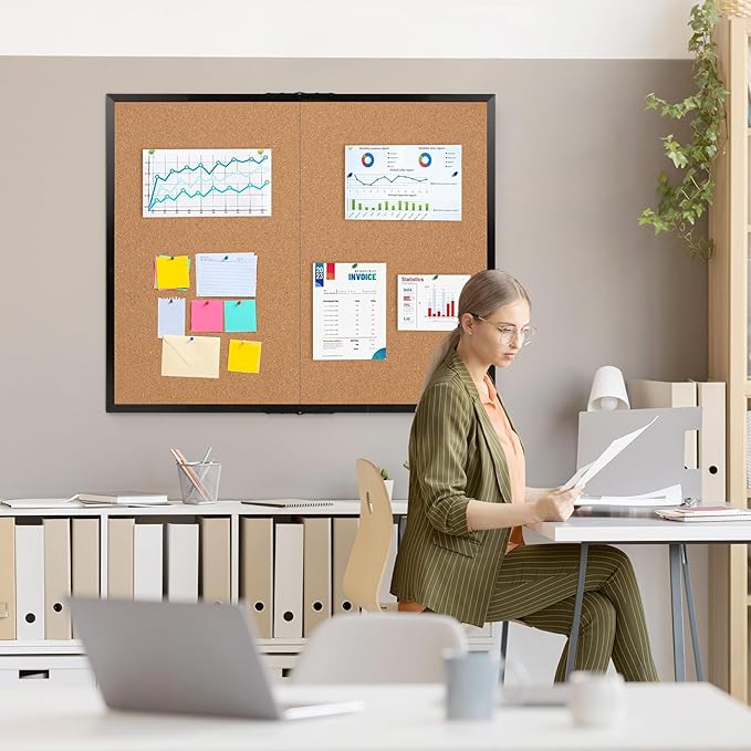 Board2by Extra Large Cork Bulletin Board 48" X 48", Foldable Notice Pin Board for Wall, Black Wood Framed 4'x4' Corkboard, Wall Mounted Noticeboard with 32 Push Pins for School, Home & Office-DeskLoop Office