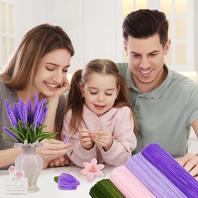 400 Pcs Chenille Stems Flowers Craft Kit,4 Colors Pipe Cleaners Bulk for DIY Floral Arrangements with Floral Wires, Gardening Tape,Hot Glue Stick,Greeting Card,Bouquet Paper, Stamen & Ribbon-DeskLoop Office