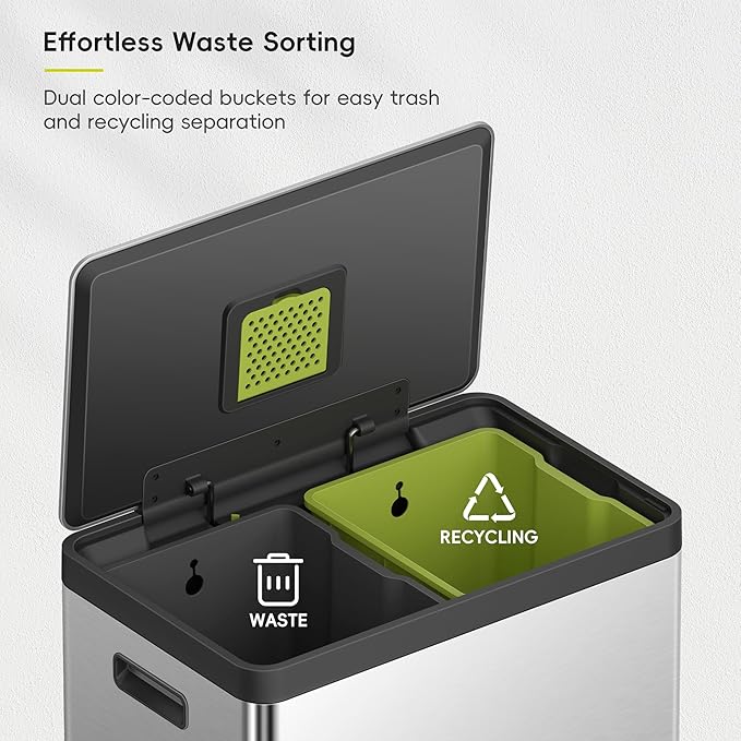 EKO EcoCasa II Rectangular Kitchen Step Trash Can, 20L+20L Dual Compartment Recycling Bins, Stainless Steel Lid and Pedal, Odor-Proof, Fingerprint Resistant-DeskLoop Office