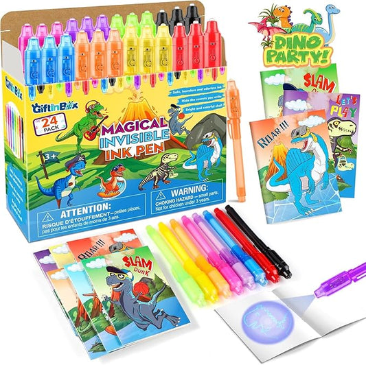Invisible Ink Pens with UV light for Kids, Spy Pen Dinosaur Party Favors for Kids 8-12, 24Pack Invisible Ink Pen and Notebook, Magic Marker for Secret Message Birthday Party Favors for Kid 4-8-DeskLoop Office