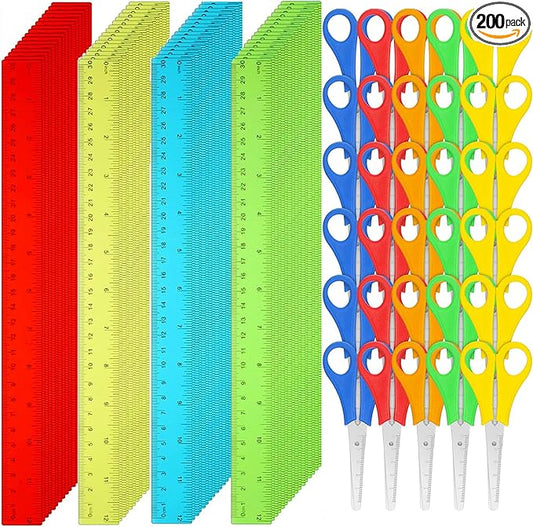 PerKoop 200 Pcs School Supplies with 100 Pcs Safety Blunt Tip Student Scissors 100 Pcs 12 Inch Plastic Rulers Back to School Supply Kit for Operation Christmas Charity Donation Supplies (Cute Color)-DeskLoop Office