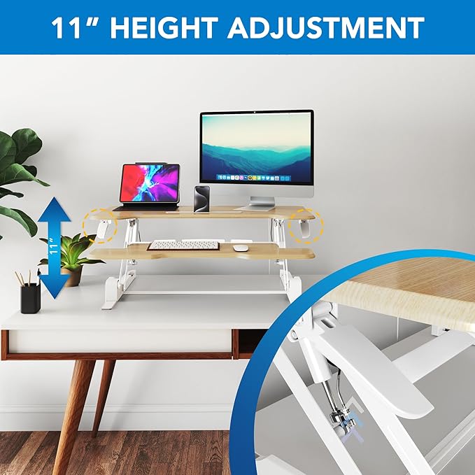 Mount-It! Height Adjustable Standing Desk Converter, 38” Wide, Desk Riser for 2 Monitors, Manual Gas Spring Sit Stand Desktop Raises to 16.9", Fits Two Monitor Screens with Keyboard Mouse Tray Maple-DeskLoop Office
