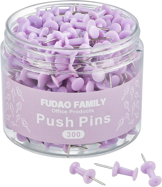 FUDAO FAMILY 300pcs Push Pins for Bulletin Board, Thumb Tacks for Wall Corkboard, Map Pins - Home Office Craft Projects Plastic Head Steel Push Pin (Purple)-DeskLoop Office