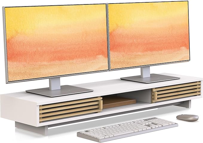 Dual Monitor Stand Riser with Sliding Door, Double Computer Laptop Stand Desk Shelf Organizer with Storage (White + Natural Bamboo, 38 Inch)-DeskLoop Office