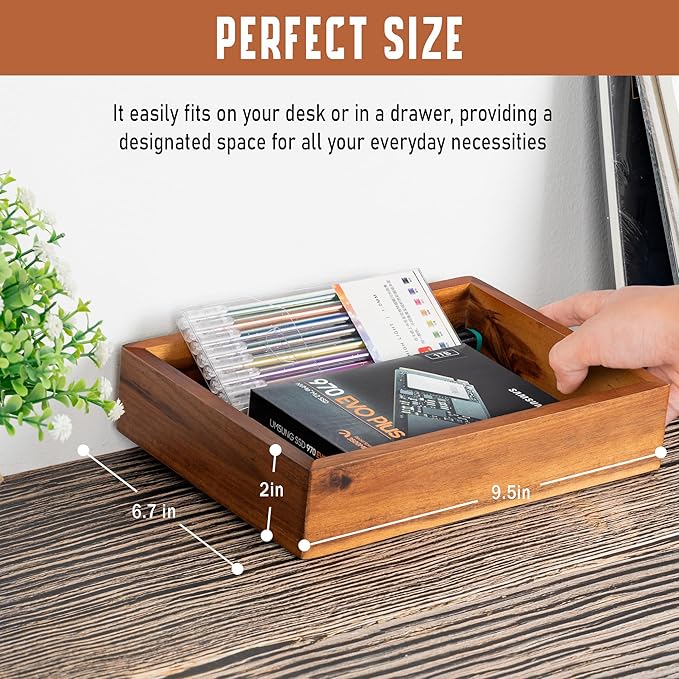 Demigo Acacia Wood Desk Organizer Tray - 9.5x6.7x2 Inch Letter & Stationery Holder for Office, Entryway, Desktop - Natural Wood Catchall for Pens, Mail, Keys-DeskLoop Office