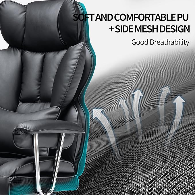 Efomao Desk Office Chair 400LBS, Big and Tall Office Chair, PU Leather Computer Chair, Executive Office Chair with Leg Rest and Lumbar Support, Black Office Chair-DeskLoop Office