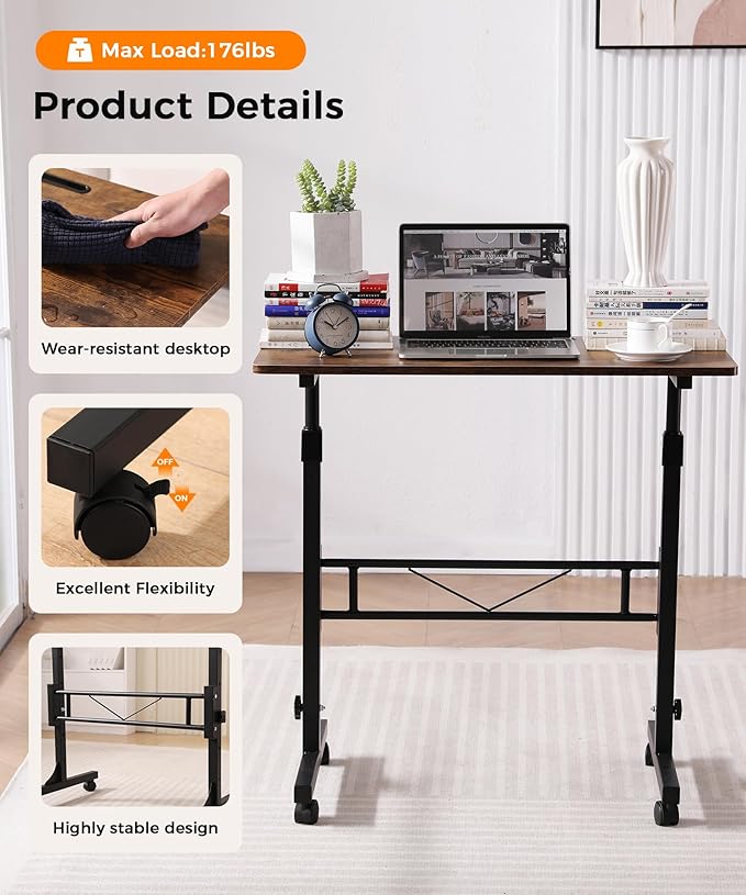 Standing Desk Adjustable Height, Mobile Stand Up Desks with Wheels Small Computer Desks Rolling Desk, Portable Laptop Desks Rustic Standing Table Sit Stand Home Office Desks 16"x31.5" Height 27"-43.5"-DeskLoop Office