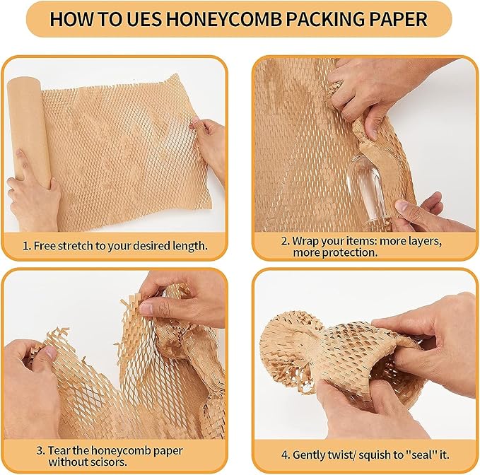 Honeycomb Packing Paper, 15"x300' Honeycomb Cushioning Bubble Wrap Paper Roll for Moving Shipping Breakables Packaging Gifts with 20 Fragile Sticker Biodegradable & Fully Recyclable Brown Kraft-DeskLoop Office