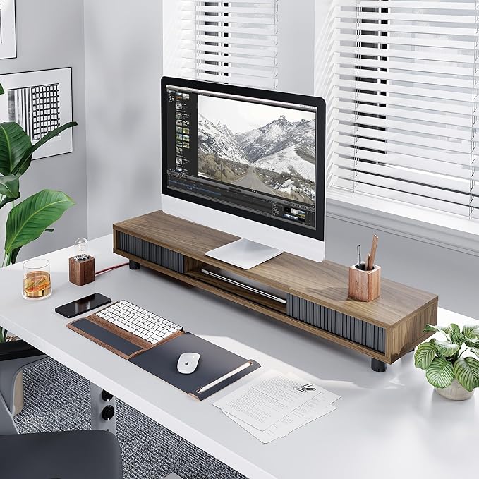 Fenge Dual Monitor Stand, 42.5inch Long Monitor Stands Riser for 2 Monitors, Sliding Door with Storage Organizer Stand for Desk, 2 Tier Desk Shelf for Laptop, Pc, Printer, Computer, TV-DeskLoop Office