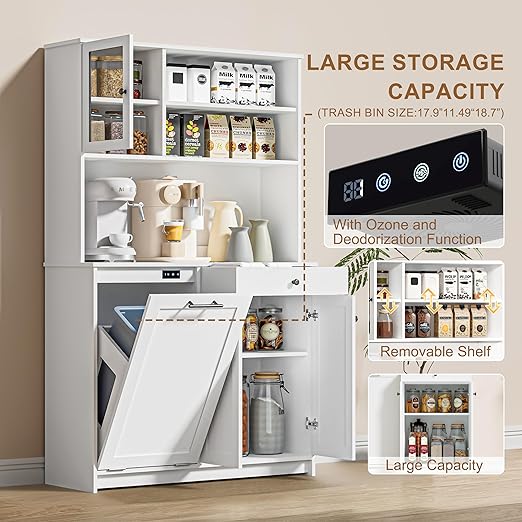 OLD CAPTAIN Tilt Out Trash Cabinet with Deodorising Function, Kitchen Hutch with Microwave Shelf and Drawer, Kitchen Pantry with Trash Cabinet for 10 Gallons, White-DeskLoop Office