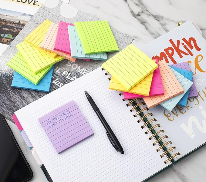 (16 Pack) Lined Sticky Notes 3x3 in Ruled Stickies Super Sticking Power Memo Pads Bright Colors-DeskLoop Office