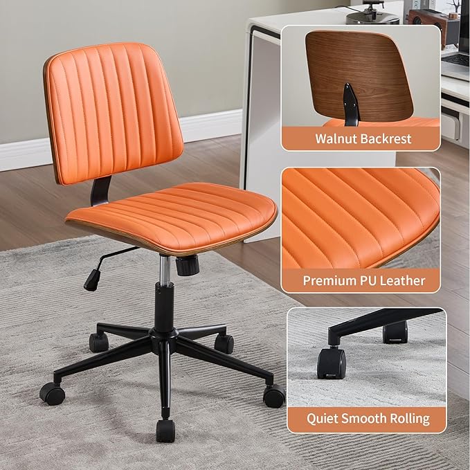 Small Home Office Chair - Armless Mid Back Desk Chair with 360° Swivel and Wheels, PU Upholstered Height Adjustable Modern Walnut Computer Chair for Home, Office Meeting Room - Orange-DeskLoop Office