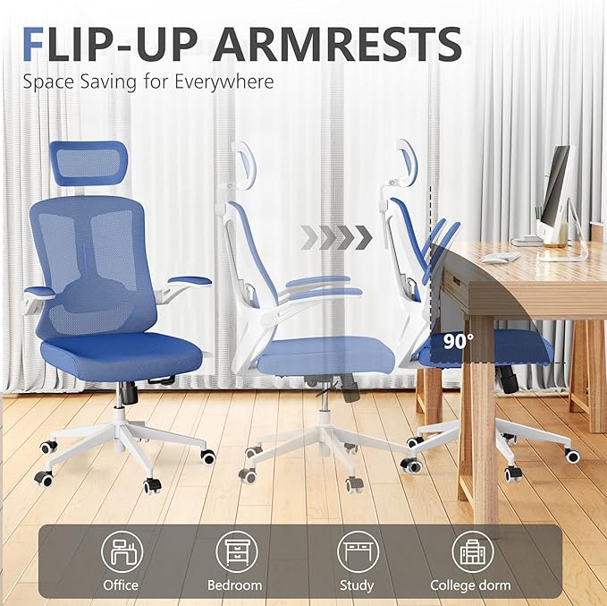 Office Chair,Ergonomic Comfy Home Desk Chair with 350LBS Capacity,High Back Gaming Chair with Wheels,Mesh Computer Chair,Lumbar Support, Adjustable Headrest,Flip-up Armrest-DeskLoop Office