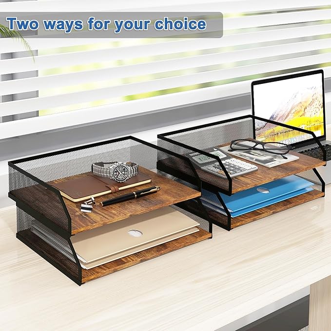 Natwind 2-Tier Stackable Paper Tray, Metal Mesh Desktop Organizer, Paper Sorter, Letter Trays,File Document Storage Rack for for Home, Office, School (Retro)-DeskLoop Office