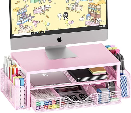 Desk Organizers and Accessories, 2-Tier Computer Monitor Stand Riser with Drawer and 2 Pen Holders, Laptop Stand, Office Desk Accessories for Office Supplies, Pink-DeskLoop Office