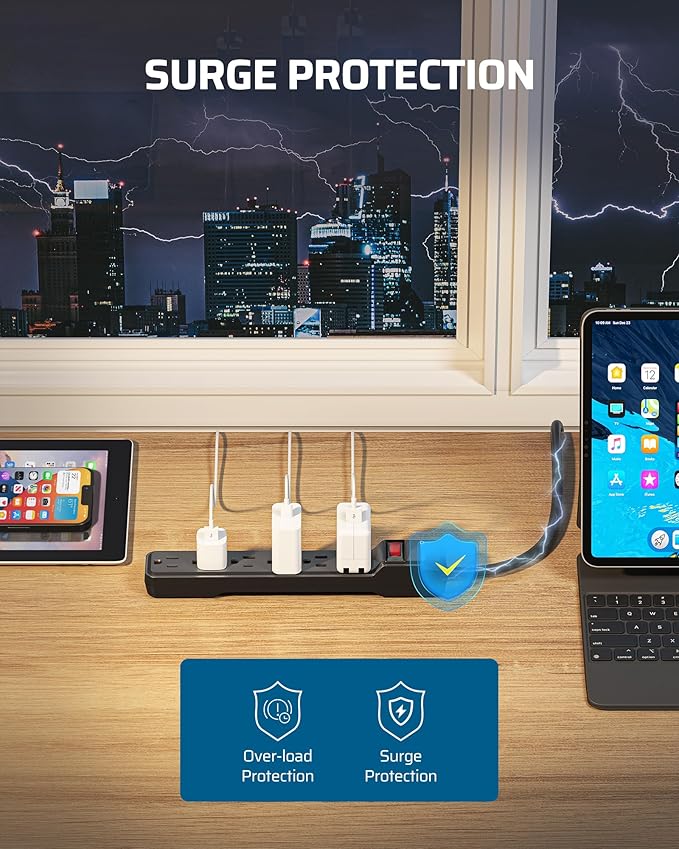 DEWENWILS 15 Foot Long Power Strip, 6-Outlet Power Strip 15FT, 15 Amp Circuit Breaker, Low Profile Flat Plug, Surge Protector for Office, Living Room, Bedroom, 4 Pack, Wall Mount, Black-DeskLoop Office