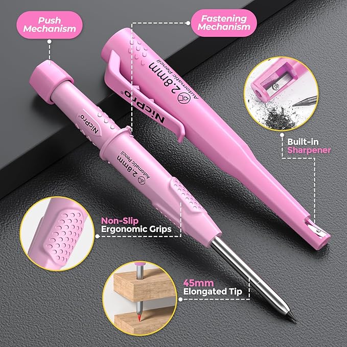 Nicpro CP3000 Carpenter Pencil with Sharpener, Construction Mechanical Pencils with 19 Refills, Heavy Duty Construction Pencil, Pink Woodworking Tools For Women, Great for Marking On Wood, Metal-DeskLoop Office