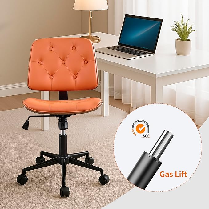 Small Armless Desk Chair – PU Leather Mid-Back Ergonomic Office Chair with Adjustable Height, Swivel Wheels, Walnut Frame, Ideal for Small Office, Study, or Bedroom, Orange-DeskLoop Office