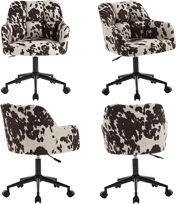 VESCASA Adjustable Home Office Desk Chair with Comfy Back, Linen 360 Swivel Upholstered Task Armchair with Wheels for Teens Bedroom/Living Room, Cowhide Print-DeskLoop Office