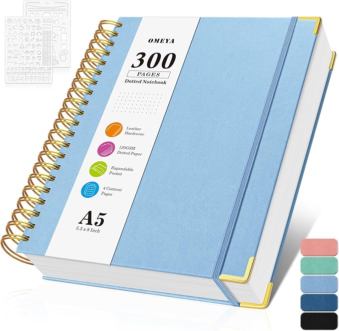 Bullet Dotted Journal Spiral Notebook, 300 Pages Leather Notebooks with Contens, 120 GSM Thick No Bleed Through Paper Journals, A5 Dot Grid Notebook for Women Men Work Writing, 5.5" x 8", Light Blue-DeskLoop Office