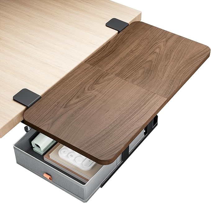 Desk Extender Tray, 24" x 12" Clamp On Desk Shelf, Desk Extension with Storage Drawer, Table Desk Arm Rest, Clamp On Keyboard Tray for Office and Home, Workstation Organizer, Medium, Walnut-DeskLoop Office