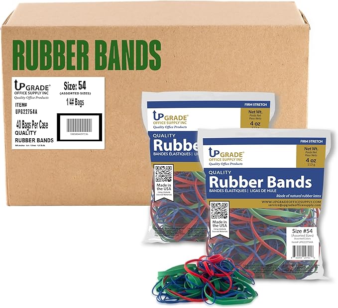 Upgrade Office Supply UPG22754ACS Assorted Size & Color Rubber Bands, 10 lb Case (40 Bags), Made in USA-DeskLoop Office