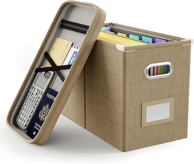 Oterri File Organizer Box with Lid, Hanging Filing File Box with Mesh Pocket, Document Organizer Box for Letter Files, Portable Storage Box with Smooth Sliding Rail for Office&Home(1 PCS, Khaki)-DeskLoop Office