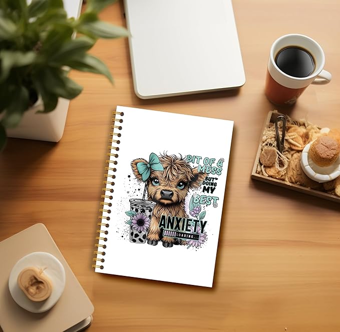 Bit of a Mess Anxiety Funny Highland Cow Notebook - Western Cow Notebook, Highland Cow Office Supplies, Highland Cow Gifts, Cow Lover Gifts, Cute Cow Stuff, Cow Spiral Notebook 5.5x8.3-DeskLoop Office