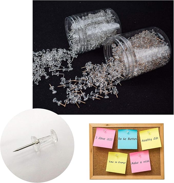 Clear Push Pins 600pcs Standard Thumb Tacks Steel Point Transparent Plastic Head Pins for Hanging Photo Posters Craft Marking Map Wall Cork Board-DeskLoop Office