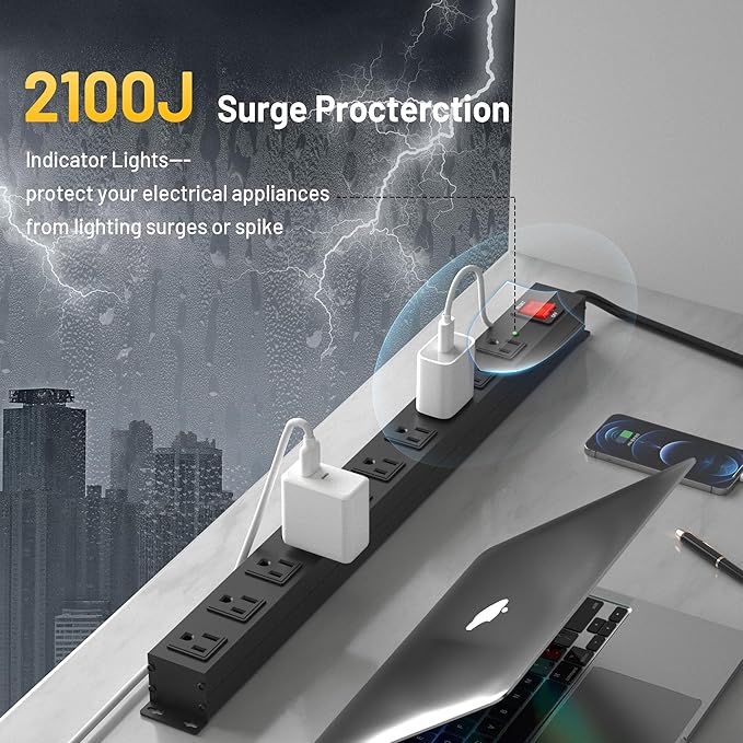 KF 10 Long Power Strip, Heavy Duty Surge Protector with 2100J, 15A/1875W Wall Mount Power Strip with Upgraded Switch, 14AWG 8FT Cord-DeskLoop Office