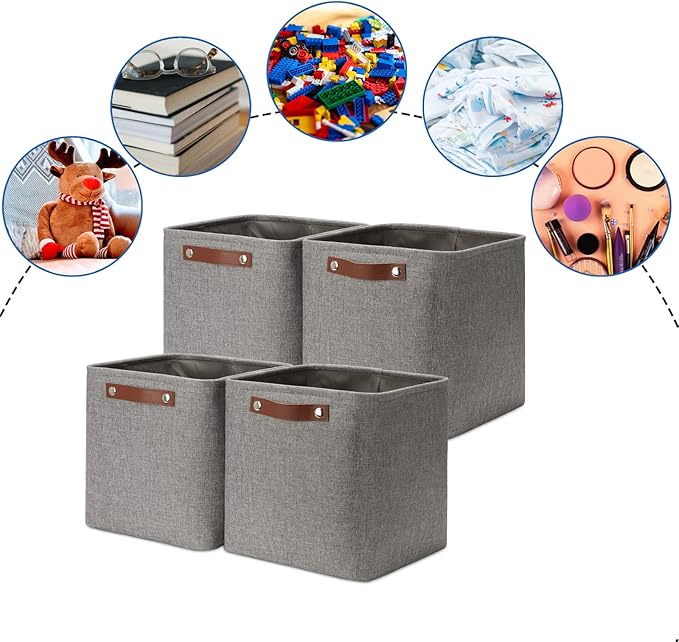 DULLEMELO Square Storage Cubes Baskets for Gifts Empty, 11 inch Cube Stroage Bins Linen Closet Organizers and Storage Baskets for Toy Nursery Shelves Bedroom Storage(4 Pack - 11" Grey)-DeskLoop Office