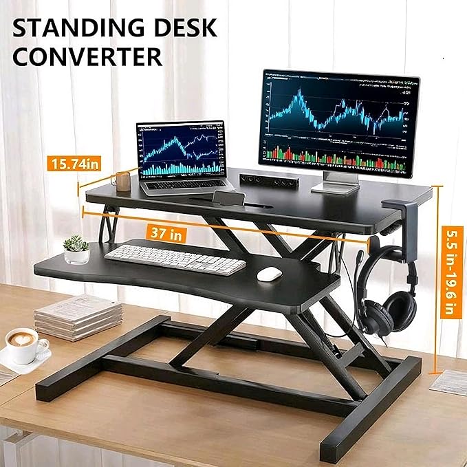 37-inch Standing Desk Converter,Height Adjustable Sit to Stand Up Workstation Riser, Dual Monitor and Laptop Riser with Wide Keyboard Tray, Headphone Stand,Cable Clips,for Home Office, Black-DeskLoop Office