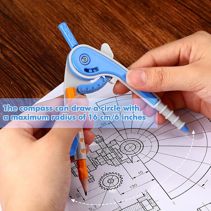 Zonon 1 Set Plastic Geometry Math Set 7 Pcs Includes 6'' / 4 '' Protractor, Drawing Compass, 45/60 Degree Triangle Rulers, 12'' / 6'' Math Ruler Transparent for Office Supplies(Blue)-DeskLoop Office