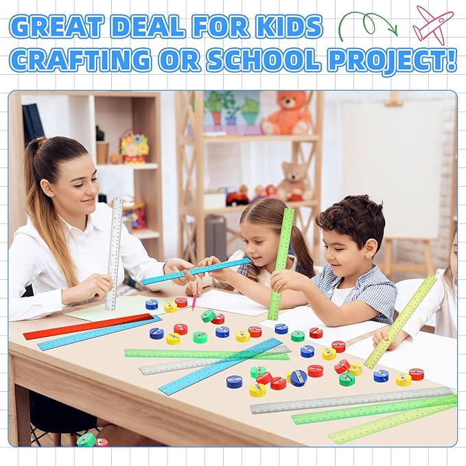 100 Pcs Plastic Rulers and 100 Pcs Mini Round Manual Pencil Sharpener Bulk, 4 Assorted Colors Pocket Sized Pencil Sharpeners Colorful Straight Ruler Back to School Supplies for Kids (Classic,12 Inch)-DeskLoop Office
