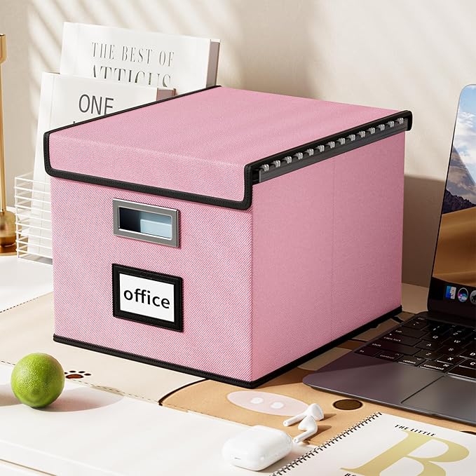 Huolewa Collapsible File Storage Organizer Box with Lid, Linen Document Storage, Universal Hanging Filing Organization Box for Letter/Legal Folder, Decorative Office/Home File Bins - only box-DeskLoop Office