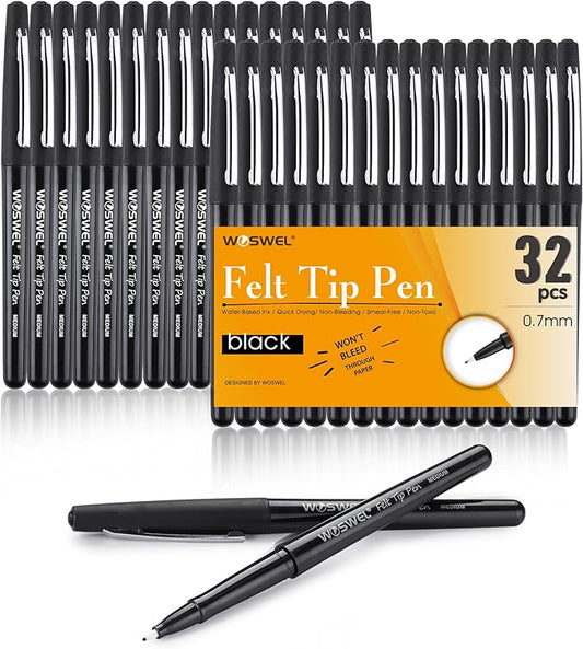 Black Felt Tip Pens, 32 Black Pens, 0.7mm Medium Point Felt Pens, Felt Tip Markers Pens for Journaling, Note Taking, Planner, Writing,Drawing.Perfect for Art Office and School Supplies-DeskLoop Office