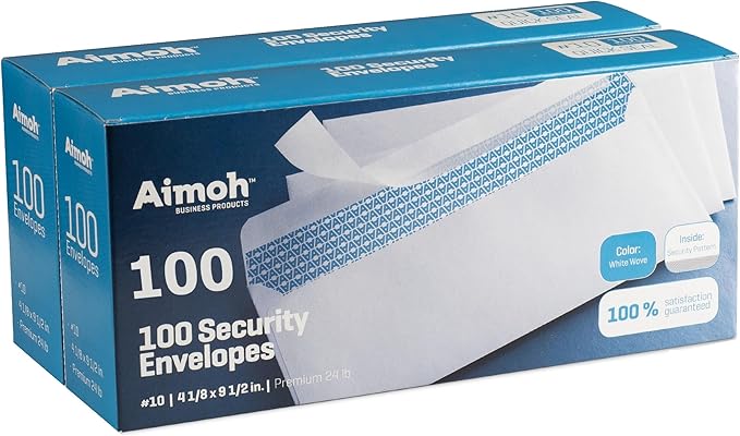 Aimoh #10 Security Self Seal Envelopes – 200 Qty |No Window, EnveGuard, 4⅛ x 9½", White, 24 LB, 200 Count (34100-2)-DeskLoop Office