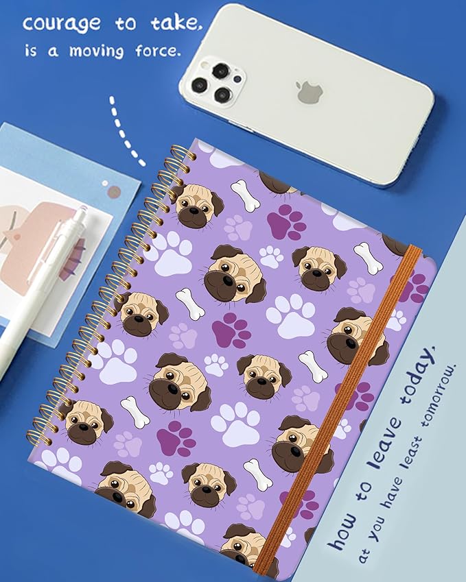Ruled Spiral Writing Notebook,A5 Hardcover Lined College Journal for Women Lady,Fashion Puppy Watercolor Strong Twin-Wire Binding with Premium Paper,8.4" X 6",Perfect for School,Office,Home Gifts(Pug Bones Paws)-DeskLoop Office