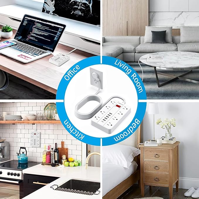 Flat Plug Extension Cord 15 Ft, SMNICE Surge Protector Power Strip with 8 Widely Spaced Outlets and 6 USB(1USB C) Ports, Wall Mount Long Charging Station for Dorm Home, Office Accessories, White-DeskLoop Office