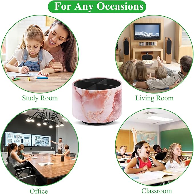 Round Leather Art Supply Organizer,Remote Control Holder,360-degree Rotating Pen Organizer with 4 Compartments(1-Marble Pink)-DeskLoop Office