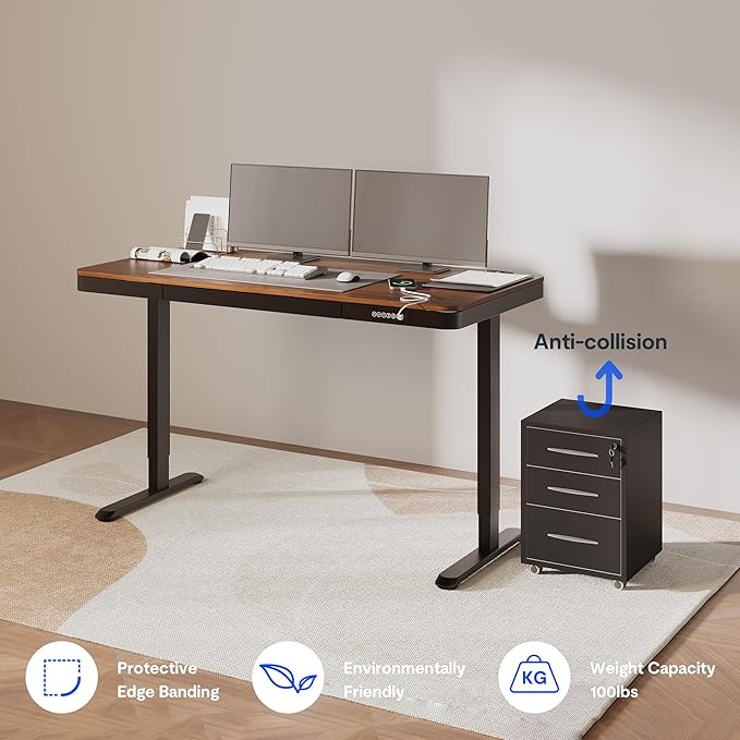 FLEXISPOT Comhar 55" Electric Standing Desk with Drawers, Quick Assembly Home Office Sit Stand Desk with Storage & USB Charging, Computer Workstation for Home Office (55" Wood, Dark Walnut/Black)-DeskLoop Office