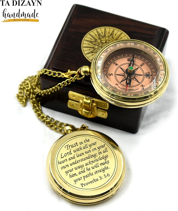 Trust in The Lord With All Your Heart - Proverbs 3:5-6 Quote Engraved Compass With Wooden Box, Greeting Card, Gift Compass, Graduation Day Gifts 2024 for Women Men Boys Girls-DeskLoop Office
