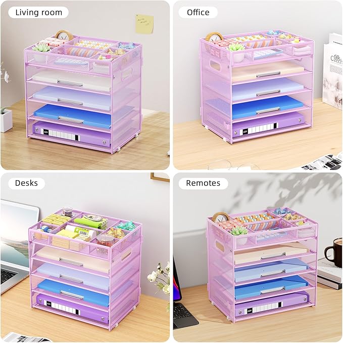 Marbrasse 5-Tier Letter Tray Paper Organizer with Handle, Multi-Functional Mesh File Organizer for Desk, Adjustable Compartments Mesh Desktop Storage for Office Supplies, Purple-DeskLoop Office