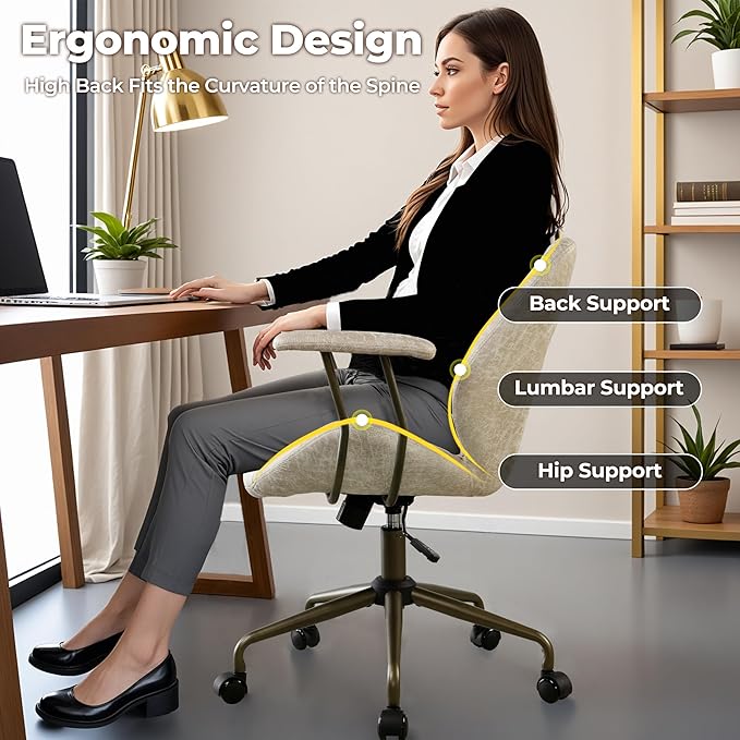 ovios Ergonomic Home Office Chair, Mid-Century Modern Faux Leather Chairs with Padded Armrests, Comfy Mid Back Swivel Rolling Executive Computer Armchair (Beige, Suede Leather)-DeskLoop Office