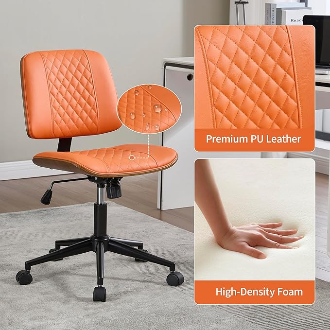 Small Home Office Chair - Armless Mid Back Desk Chair with 360° Swivel and Wheels, PU Upholstered Height Adjustable Modern Walnut Computer Chair for Home, Office Meeting Room - Orange-DeskLoop Office